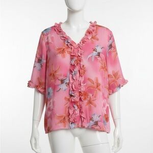 Vintage Flashback Pink Floral Ruffle Semi Sheer Blouse Sz XL Soft Girl Coquette